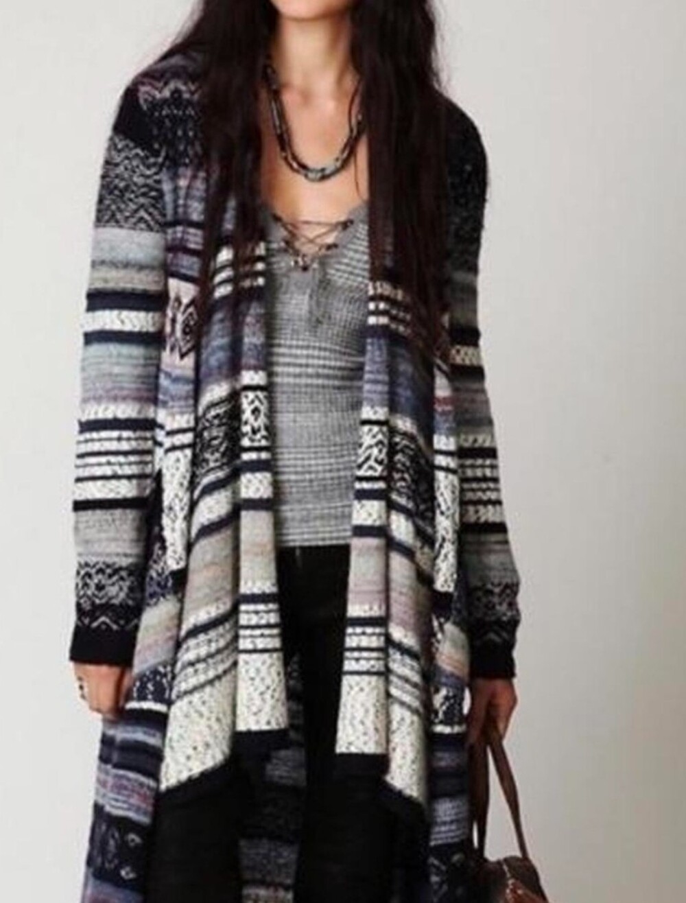Free People Long Patterned Knit Cardigan Sweater